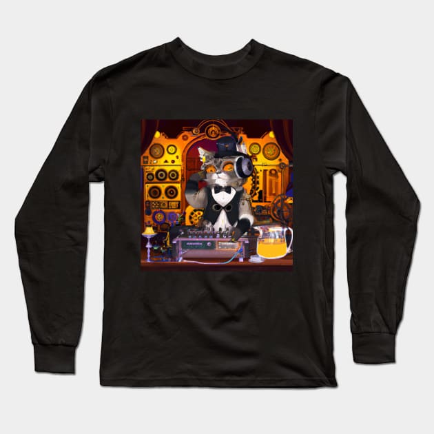 Steampunk DJ Cat #3 Long Sleeve T-Shirt by Philly Tees